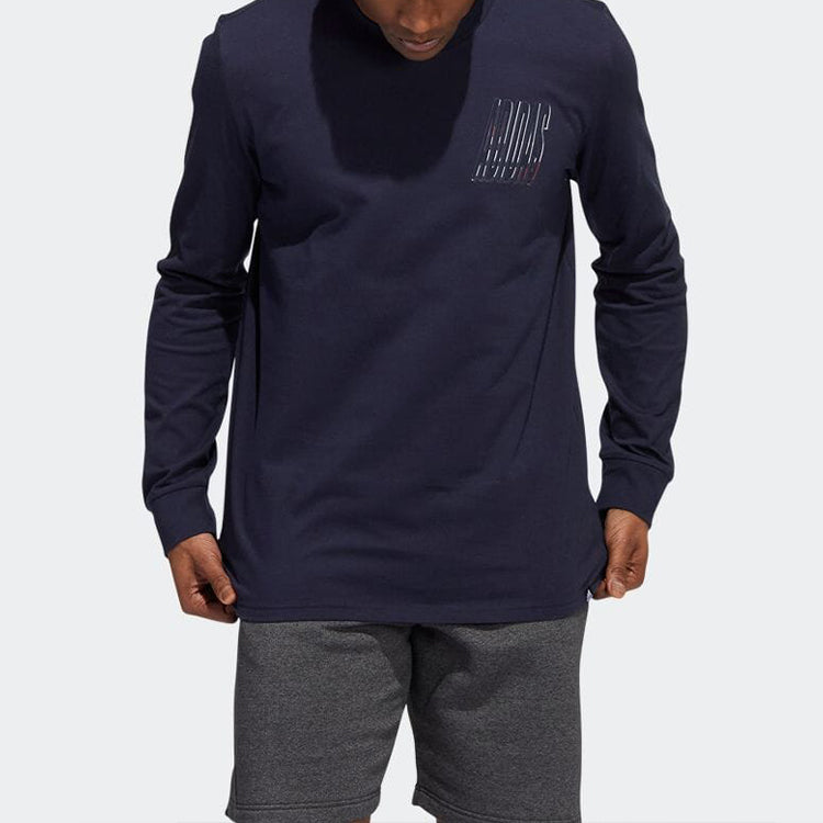 Men's adidas Alphabet Pattern Printing Solid Color Round Neck Long Sleeves Ink Blue T-Shirt HK6752