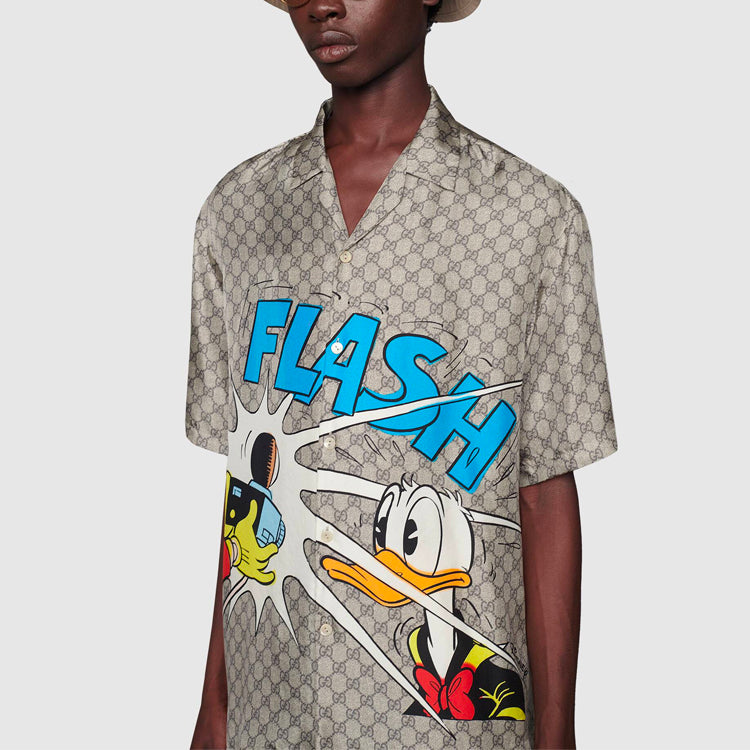 Gucci x Disney SS21 Donald Duck Print Silk Short Sleeve Shirt For Men Camel 646446-ZAGCN-2165