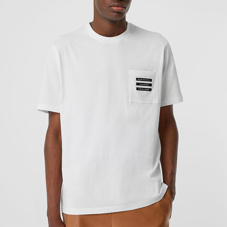 Men's Burberry Tape Print Pocket Printing Short Sleeve White 80218431