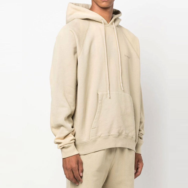 Men's Off-White Back Stripe Pattern Printing Pullover Hooded Long Sleeves Loose Fit Beige OMBB096F22FLE0011717