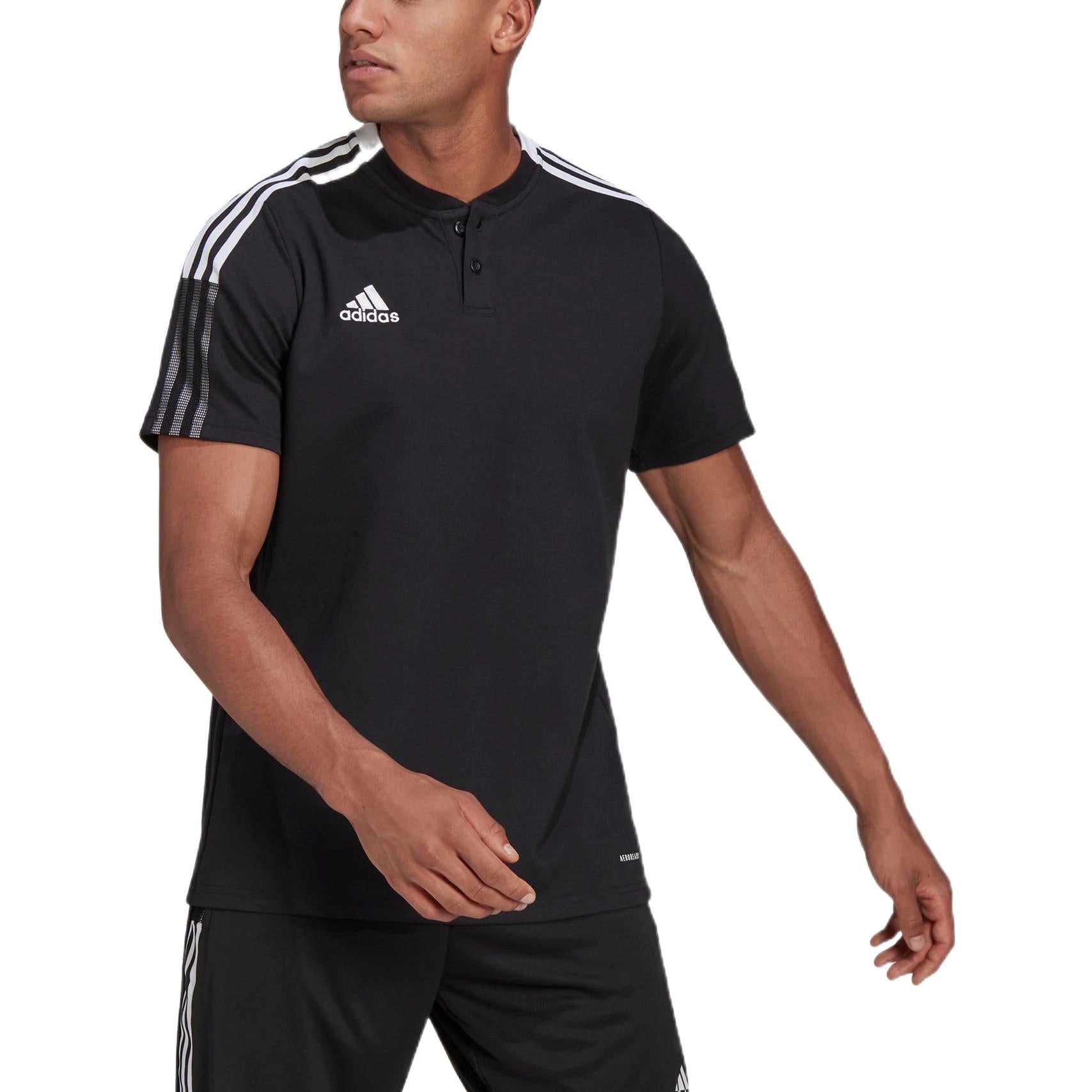 Men's adidas Logo Printing Pattern Stripe Lapel Short Sleeve Black Polo Shirt GM7367