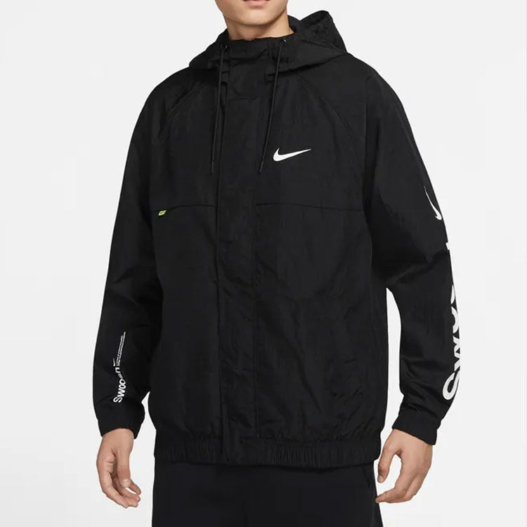 Men's Nike Alphabet Logo Printing Woven Hooded Jacket Autumn Black DX6311-010