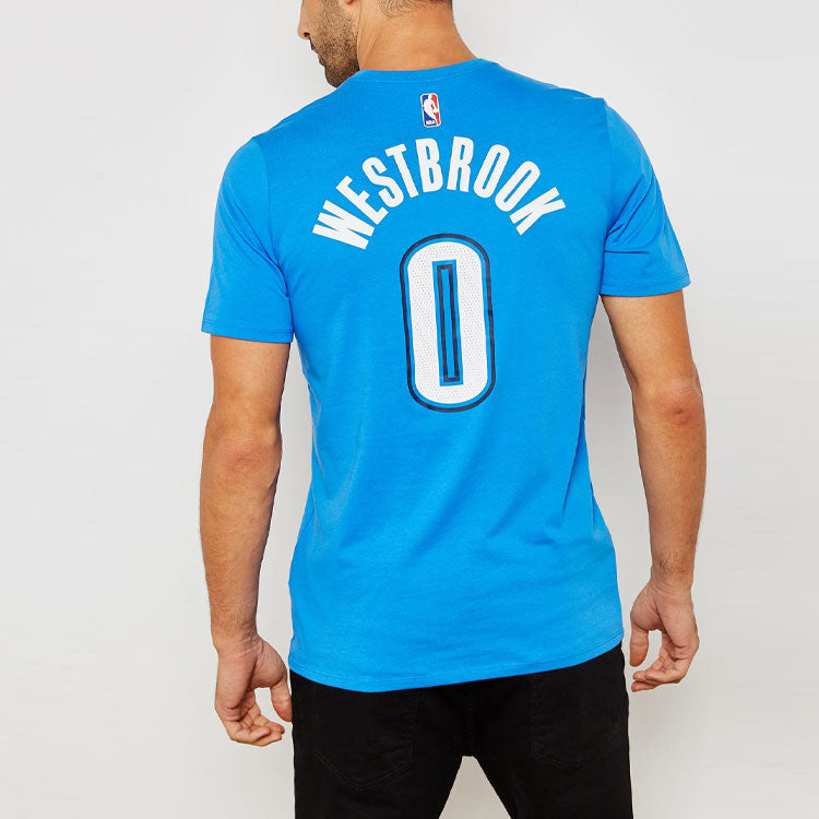 Men's Nike Thunder No. 0 Russell Westbrook Casual Sports Breathable Basketball Short Sleeve Blue T-Shirt 870796-403