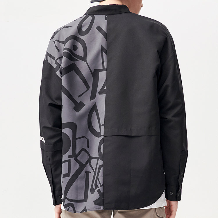 Men's FILA FUSION Character Printing Contrasting Colors Casual Loose Long Sleeves Dark Black Shirt T11M121702F-BK