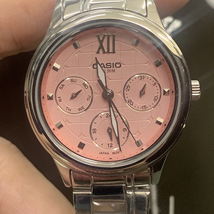 CASIO Waterproof Quartz Three Eyes Pink Dial 38mm Stainless Steel Strap Watch Analog LTP-E306D-4AVDF