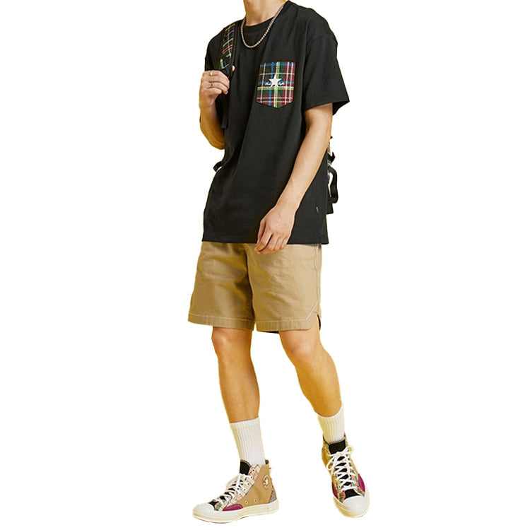 Men's Converse Contrasting Colors Plaid Pocket Casual Round Neck Short Sleeve Black 10020885-001