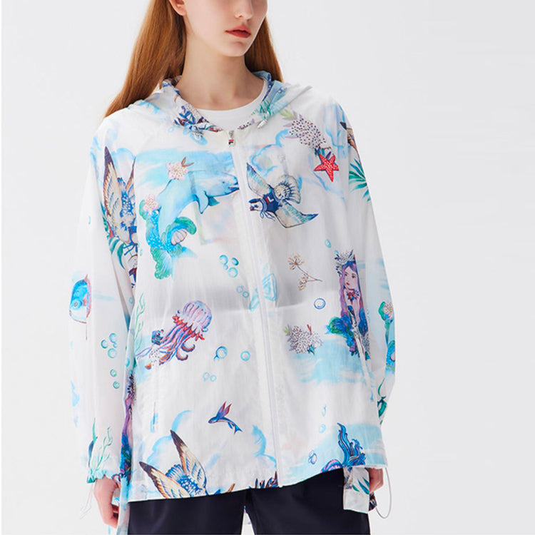 (WMNS) FILA Full Print Loose Woven Hooded Jacket 'White Blue' F11W128702F-WT