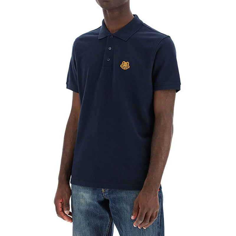 Men's KENZO SS21 Small Tiger Head Embroidered Short Sleeve Polo Shirt Navy Blue FA65PO0014PU-76