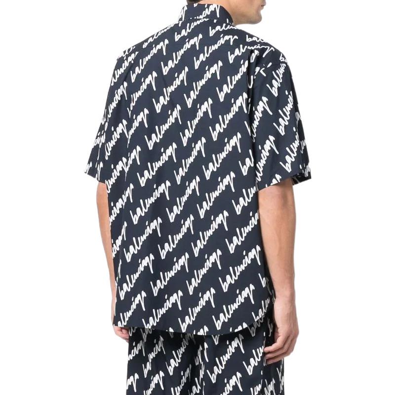Balenciaga Allover Scribble Short Sleeve Shirt 'Dark Blue White' 681702TLLJ48502