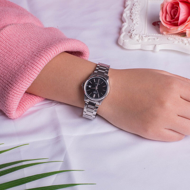CASIO Waterproof Quartz Stainless Steel Strap Silver Black Dial Black Analog LTP-1183A-1A