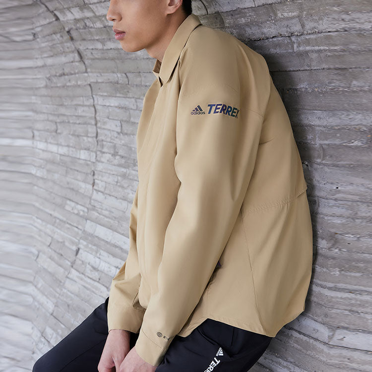 Men's adidas Terrex C Myshelter W.r Logo Stripe Printing Lapel Jacket Khaki H48571