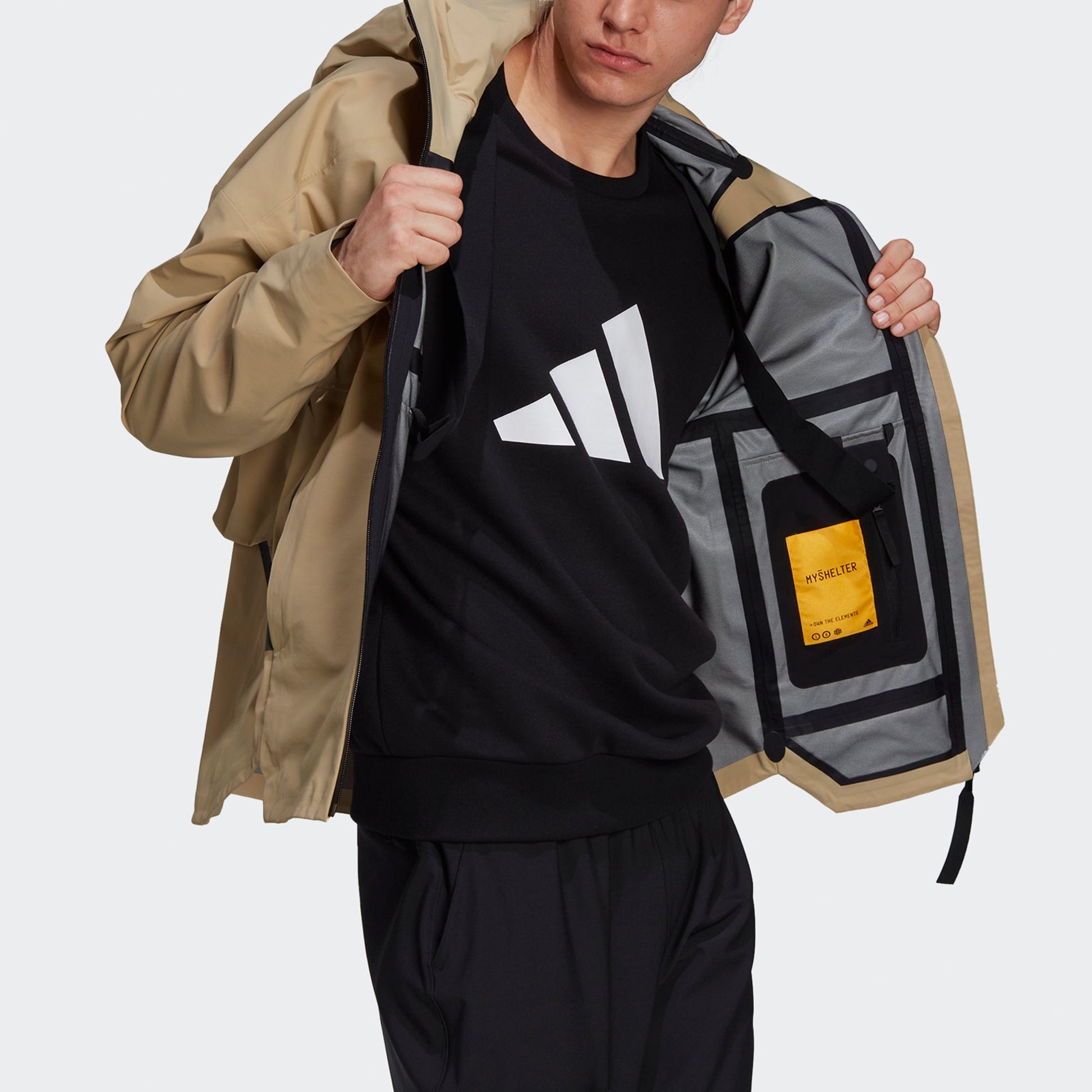 Men's adidas Myshelter Jkt Outdoor Sports Rainproof Loose Hooded Logo Khaki Jacket GT6574