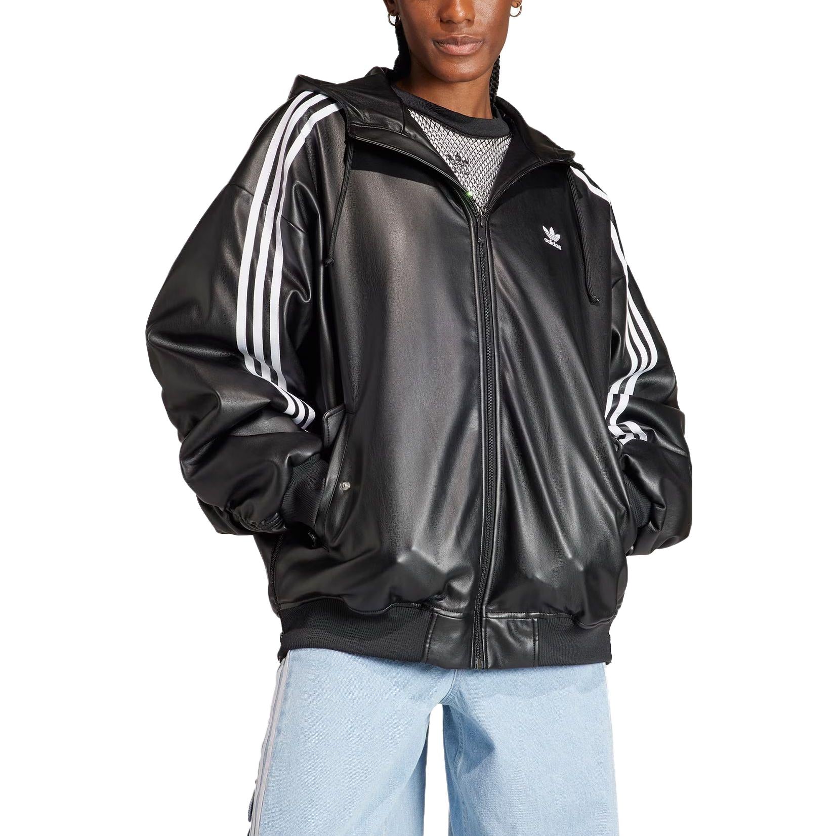 (WMNS) adidas Adilenium Oversized Faux Leather Jacket Asia Sizing 'Black White' IV9328