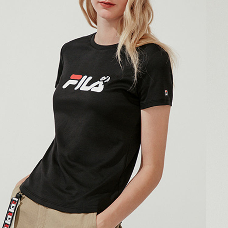 (WMNS) FILA Embroidered Panda Alphabet Short Sleeve Black F11W018141F-BK