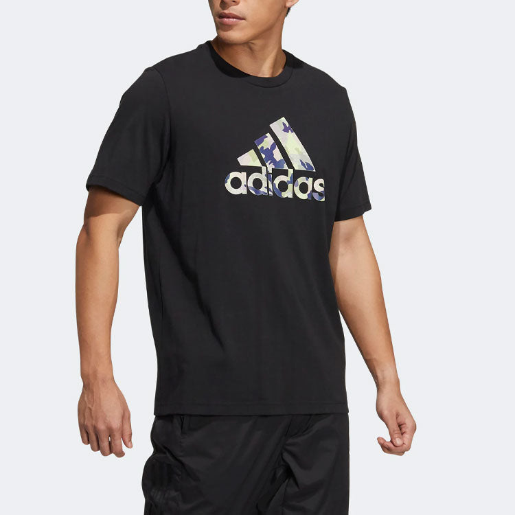 adidas Camouflage Alphabet Logo Printing Round Neck Short Sleeve Black HE7418
