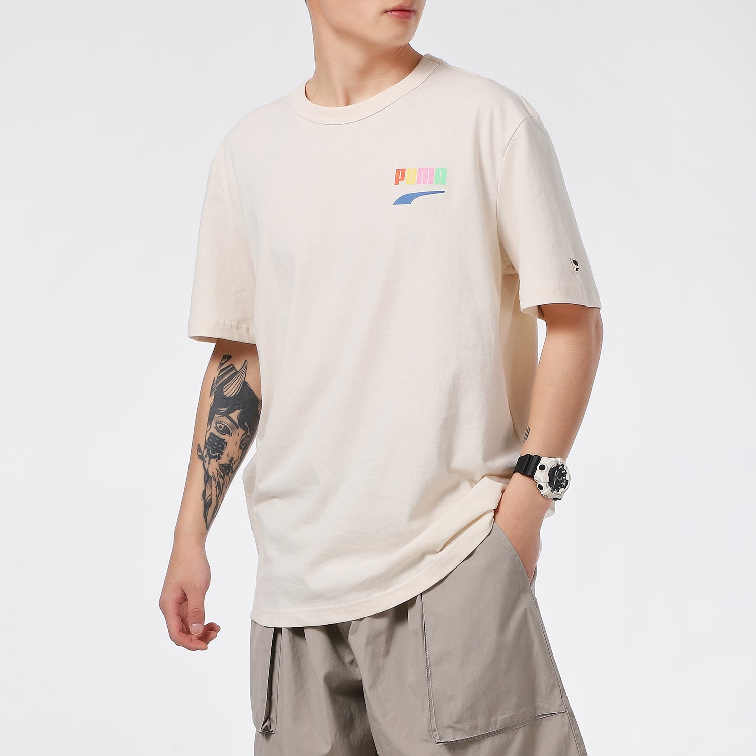 PUMA Sports Alphabet Cartoon Printing Round Neck Short Sleeve Beige 531335-75
