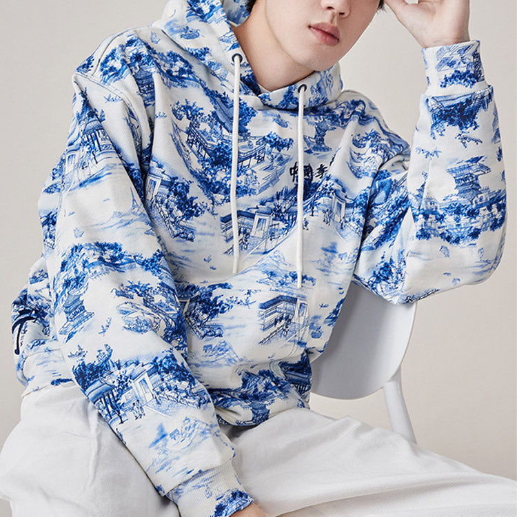 Li-Ning Full Print Loose Pullover Hoodie 'Blue' AWDQ253-1