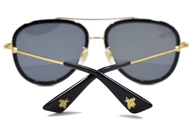Men's Gucci Metallic Side Small Bee Series Business Travel Version Lens Aviator Sunglasses Gold Color GG0062S-001