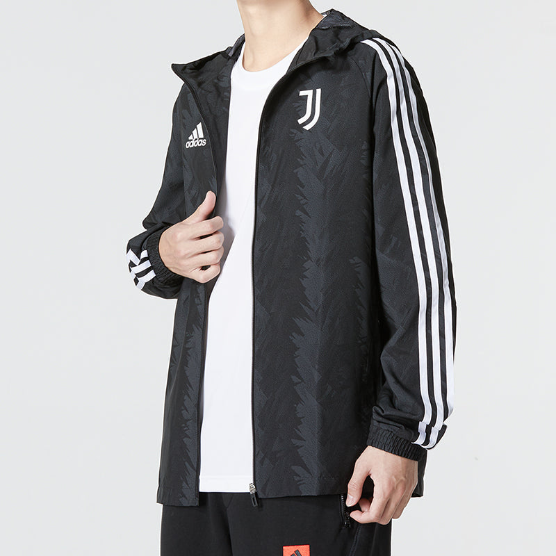 Men's adidas Printing Logo Stripe Zipper Hooded Jacket Black HD8867