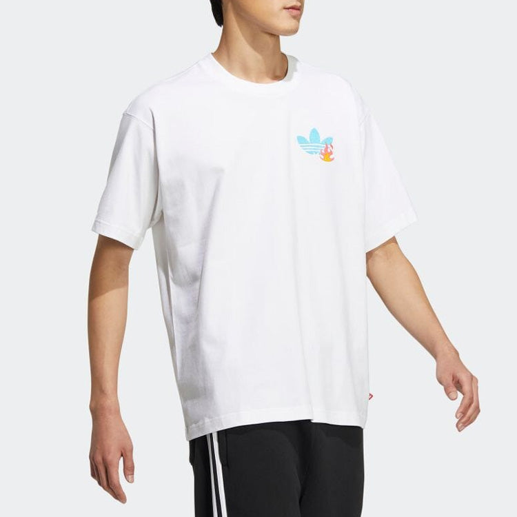 Men's adidas Logo Cartoon Pattern Embroidered Round Neck Short Sleeve White T-Shirt HM8043