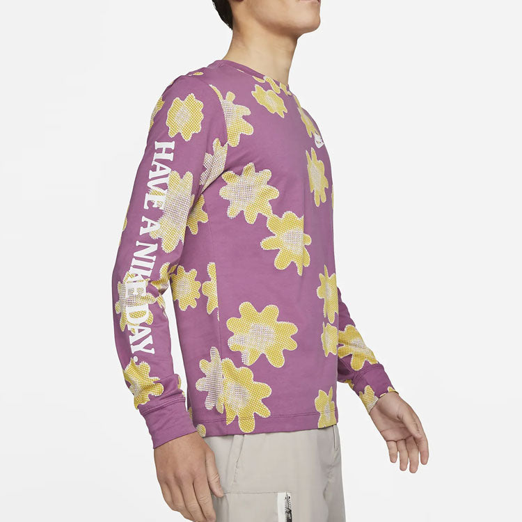 Men's Nike SS22 Flowers Logo Printing Round Neck Long Sleeves Wine Red T-Shirt DM6336-507