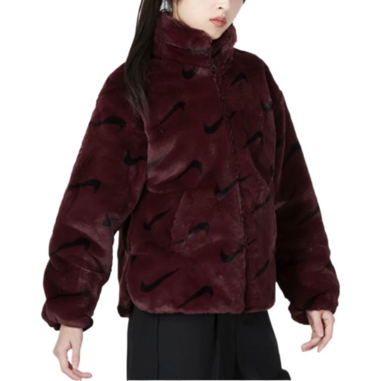 (WMNS) Nike Printed Faux Fur Jacket Asia Sizing 'Burgundy' DQ6843-652
