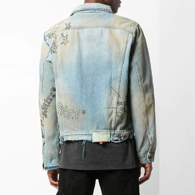 Men's Off-White Graffiti Denim Blue Jacket OMYE049F193860441428