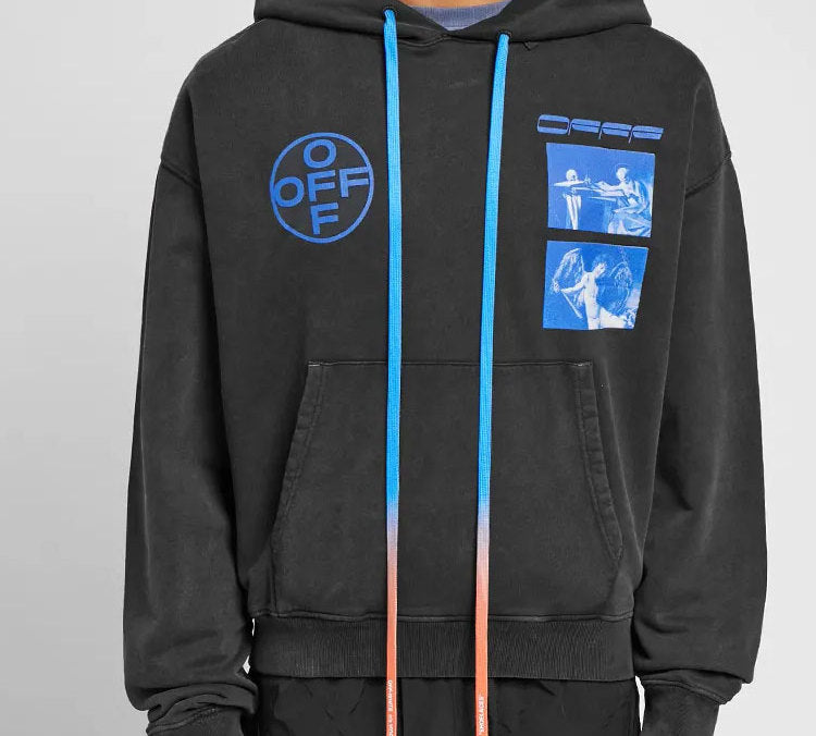 Men's Off-White Graphic Printed Drawstring Printing Hooded Long Sleeves Dark Grey OMBB037F19E300091030