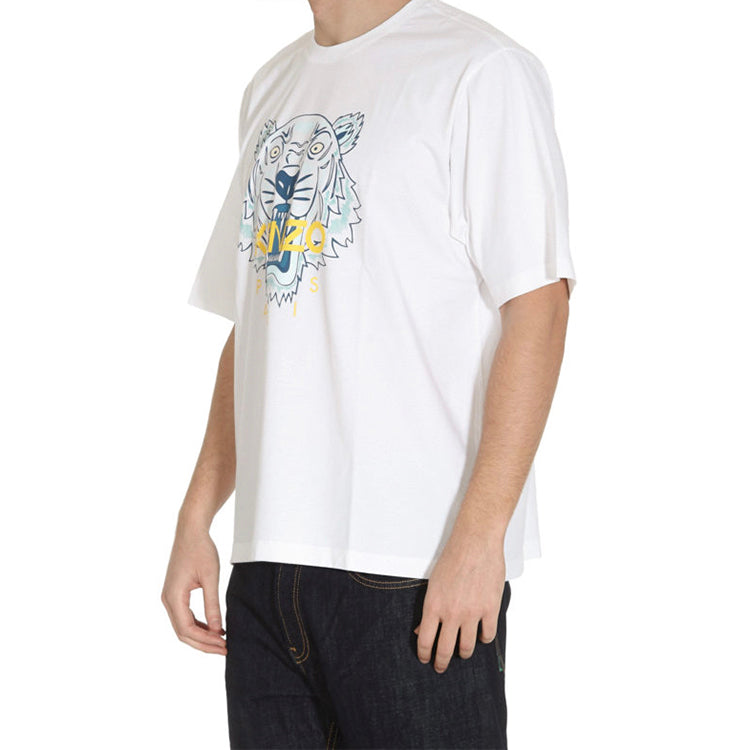 Men's KENZO Classic Tiger Head Printing Loose Round Neck Short Sleeve White FA55TS5004YA-01