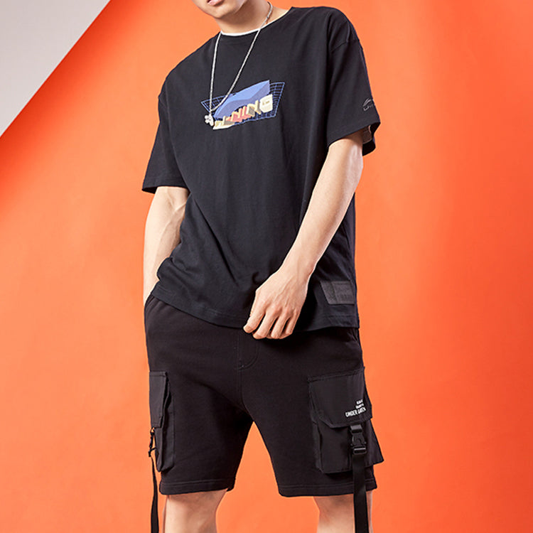 Li-Ning Printing Loose Round Neck Sports Short Sleeve Black AHSQ561-3