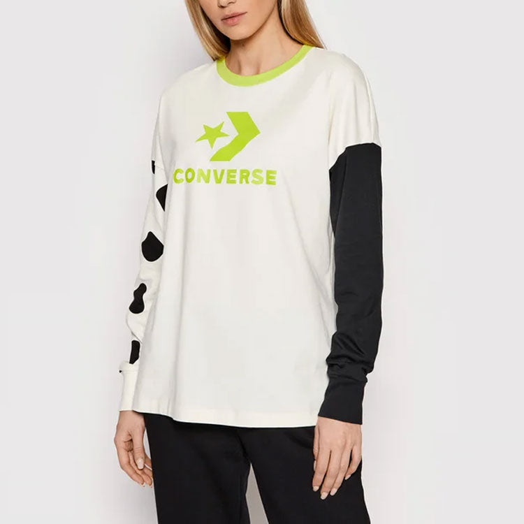 (WMNS) Converse Large Logo Printing Splicing Contrasting Colors Loose Round Neck Long Sleeves White T-Shirt 10023077-A01