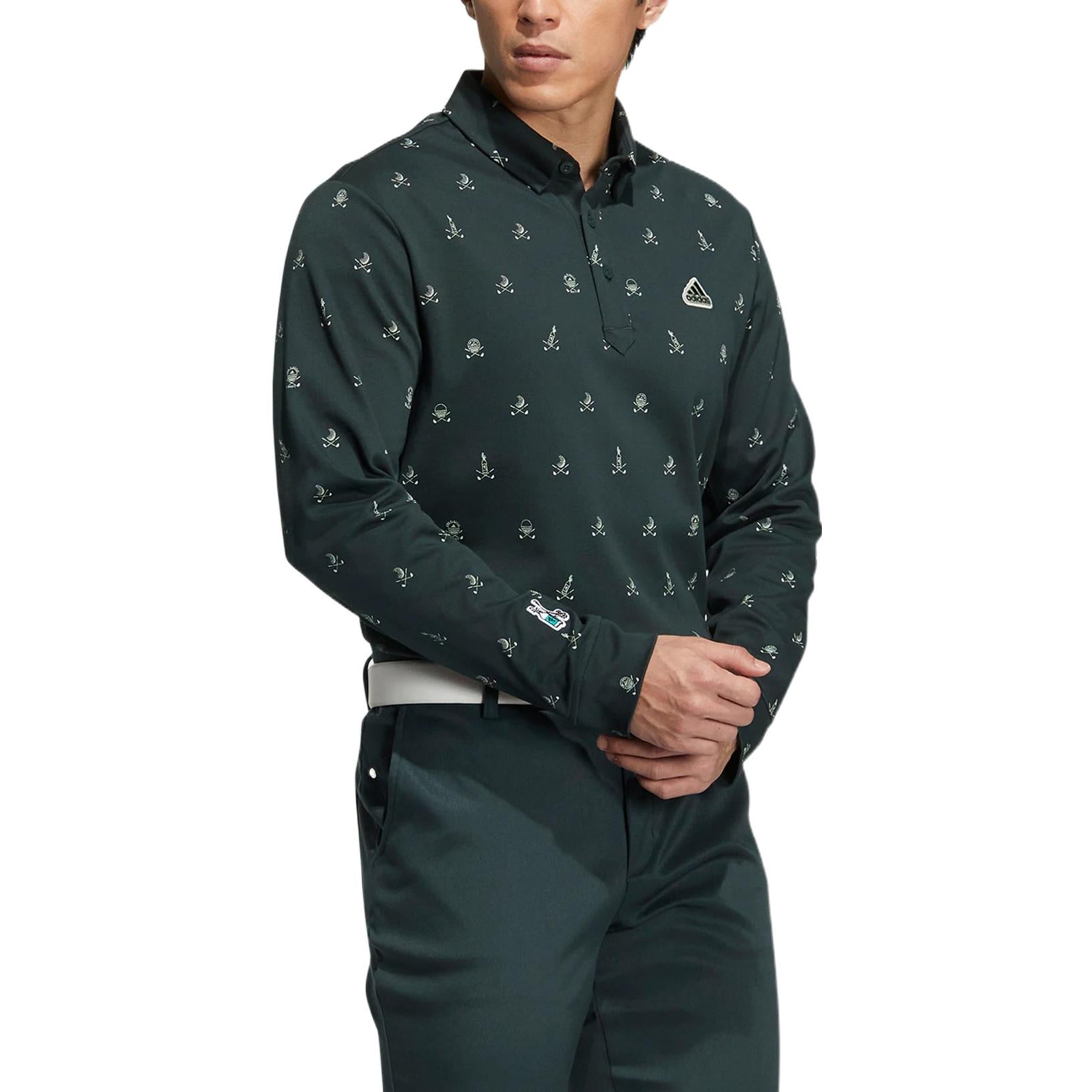 Men's adidas Full Print Pattern Lapel Long Sleeves Green Polo Shirt HG5788