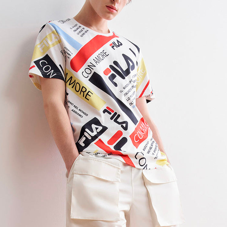 FILA Casual Full Print Contrasting Colors Logo Short Sleeve White F11M028115G-PU