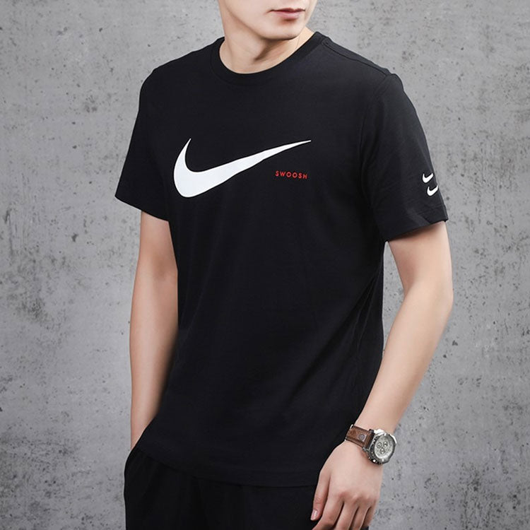 Nike Swoosh Logo Printing Knit Round Neck Short Sleeve Black DB5858-010
