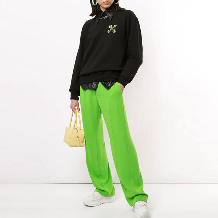 (WMNS) Off-White Flower Arrow Embroidered Casual Round Neck Black Hoodie OWBA046E20JER0021055