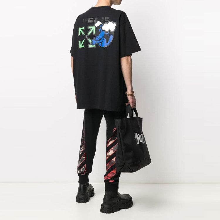 Off-White SS21 Peace Worldwide Logo Printing Short Sleeve Loose Fit Black OMAA038R21JER0081055
