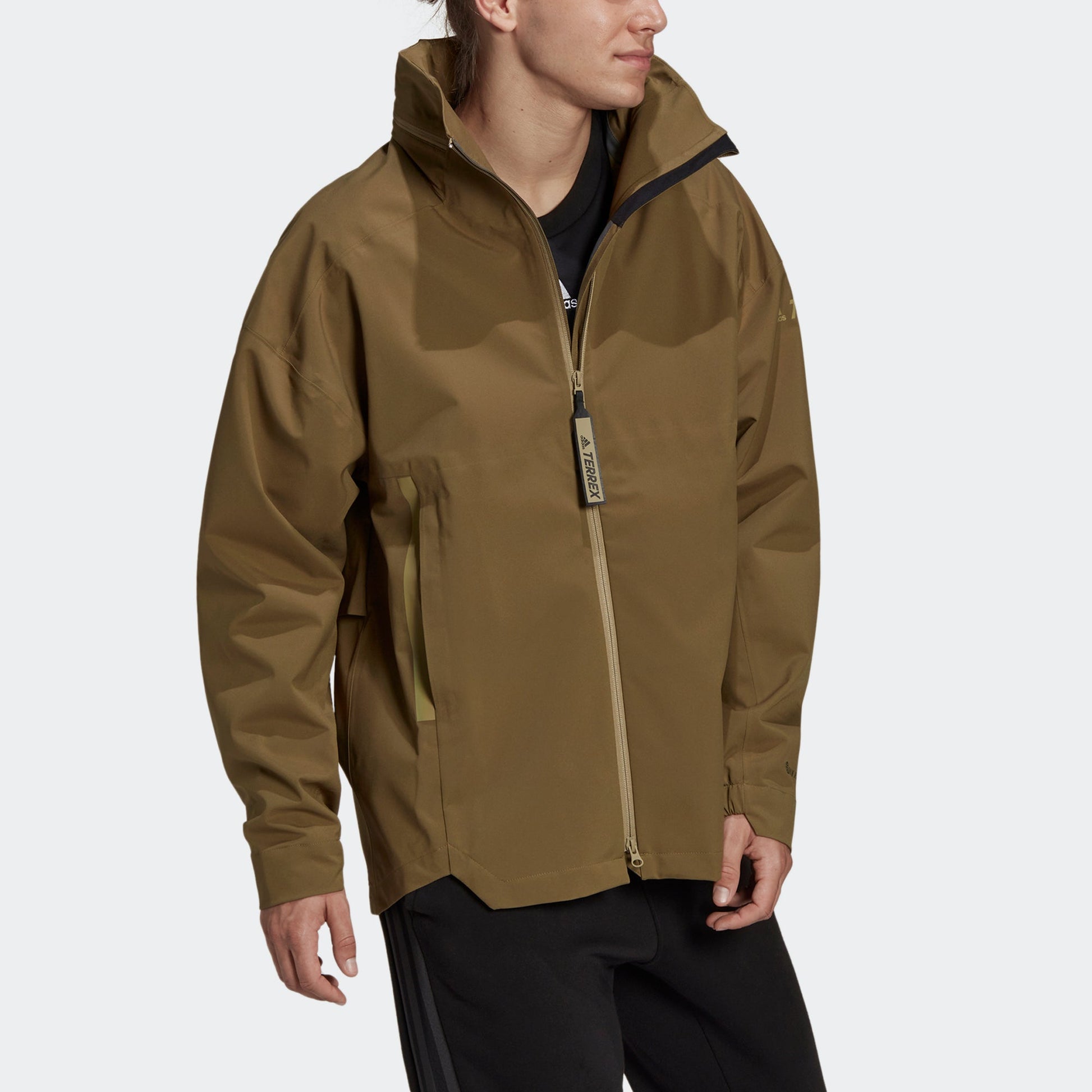 Men's adidas Terrex C Myshelter.R Waterproof Sports Outdoor Hooded Jacket Dark Olive Green H65698