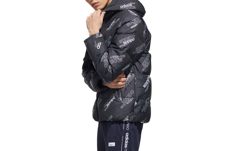 Men's adidas neo Logo Full Print Sports Stay Warm Hooded Down Jacket Black GJ8812
