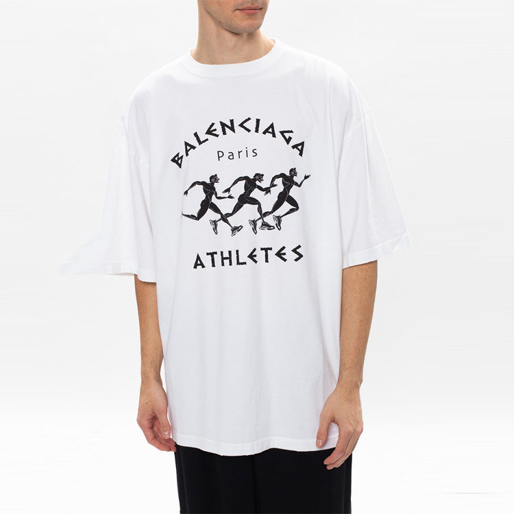 Men's Balenciaga SS21 Marathon Running Pattern Printing Logo Short Sleeve White 641614TJVK69040