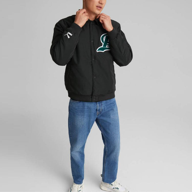 PUMA Team Varsity Relaxed Fit Bomber Jacket 'Black Green' 539175-01