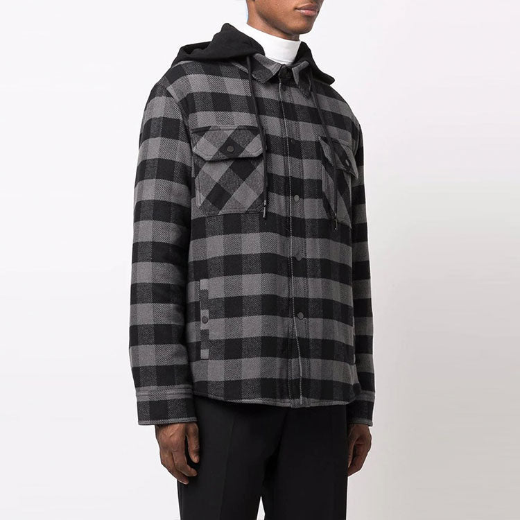 Off-White FW21 Plaid hooded Long Sleeves Shirt Loose Fit Black OMEA236F21FAB0010505