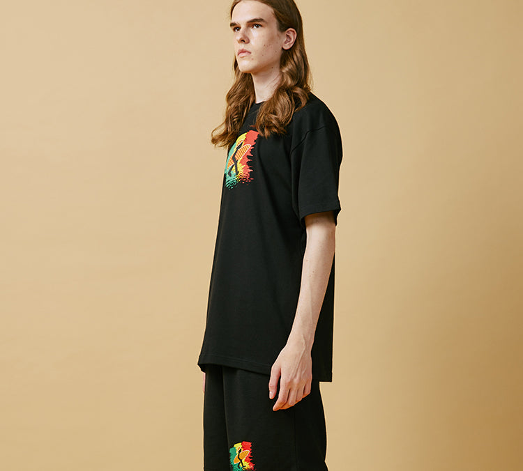 PJs Vigor Reggae Surf Pattern Printing Cotton Short Sleeve Unisex Black 20SSTS10292-P