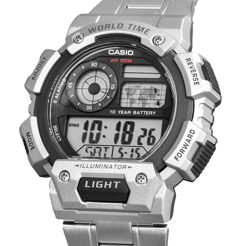 CASIO Sports Waterproof Stainless Steel Strap Quartz Mens Silver Digital AE-1400WHD-1A