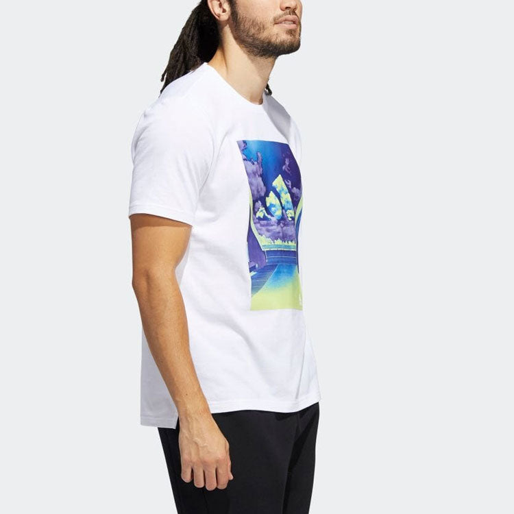 Men's adidas Geometry Clouds Logo Printing Round Neck Short Sleeve Japanese Version White T-Shirt HE2308