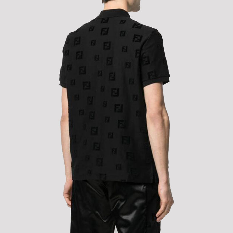 Men's FENDI SS21 FF Pattern Cotton Short Sleeve Polo Shirt Black FAF572AE15F0GME