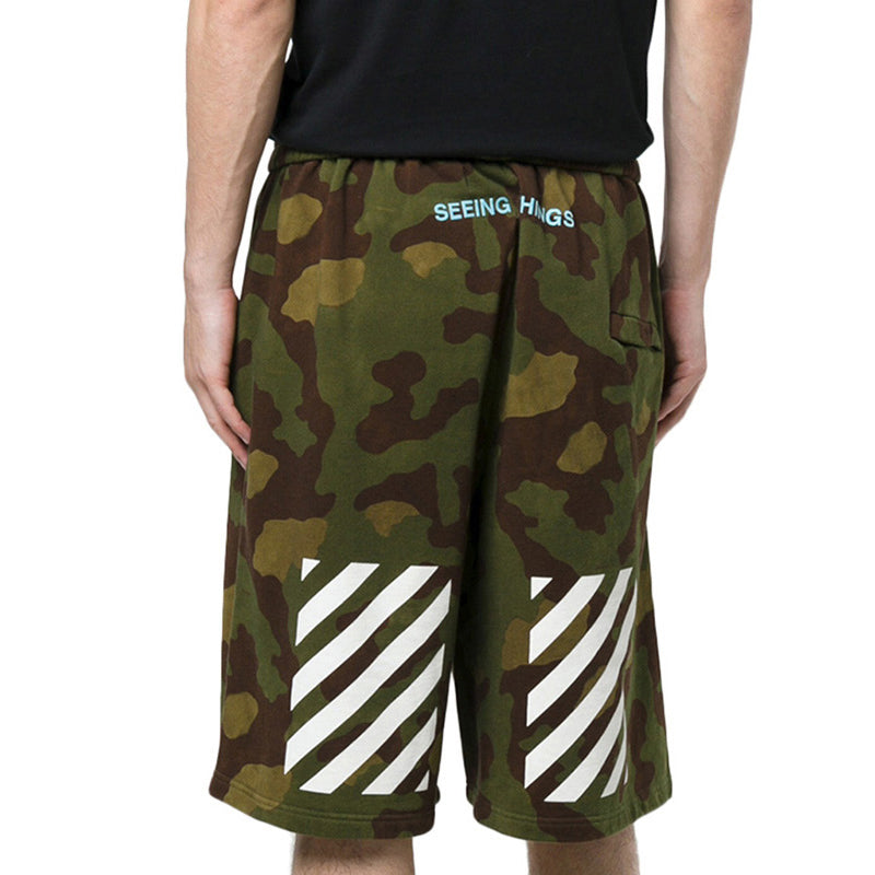 Men's Off-White Cotton Camouflage Shorts Military Green OMCB009F176010299901
