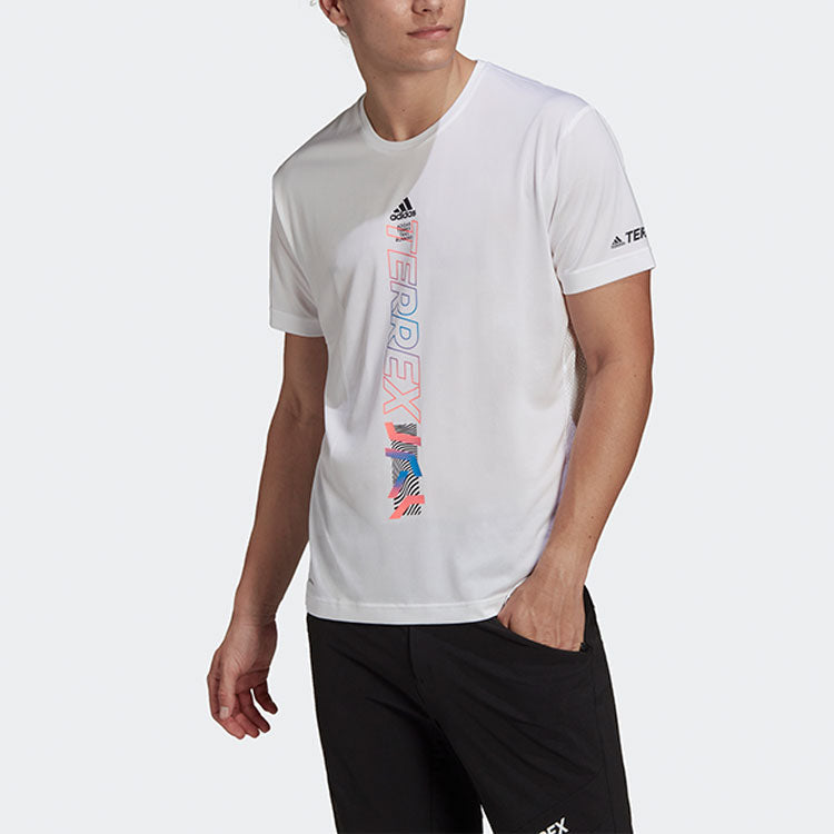 Men's adidas Contrasting Colors Alphabet Printing Round Neck Short Sleeve White Recycled Polyester T-Shirt HA7557