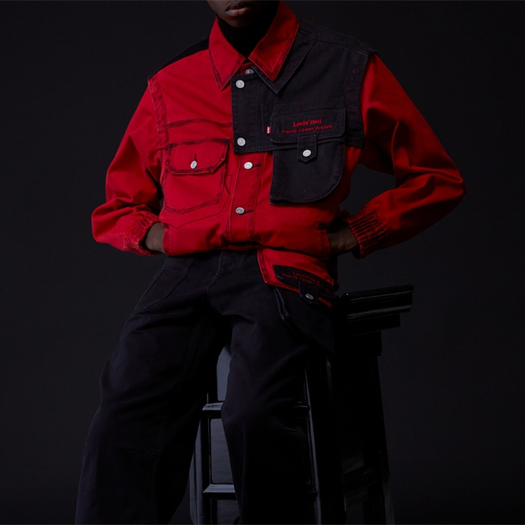 Men's Levis x FENG CHEN WANG Crossover Multiple Pockets Casual Red Jacket A1053-0000