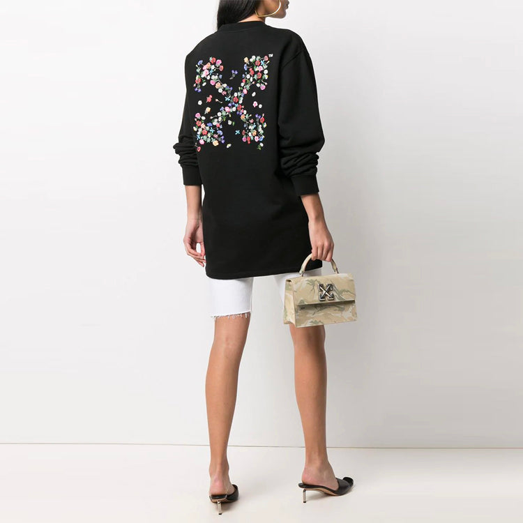 (WMNS) Off-White Arrow Embroidered Flowers Sports Long Loose Fit Black Hoodie OWDB098R21JER0011084