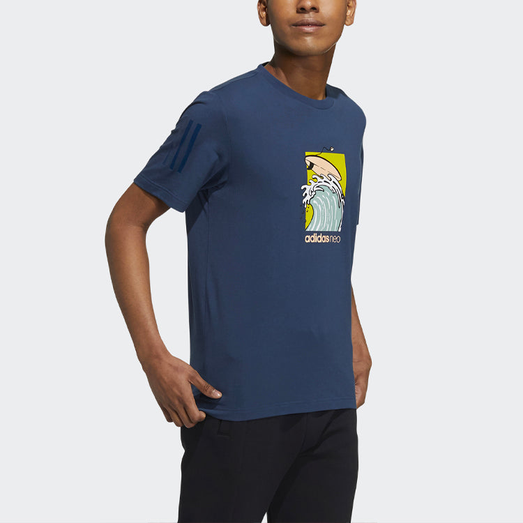 Men's adidas neo Pattern Cartoon Printing Sports Round Neck Short Sleeve Navy Blue T-Shirt GS2580